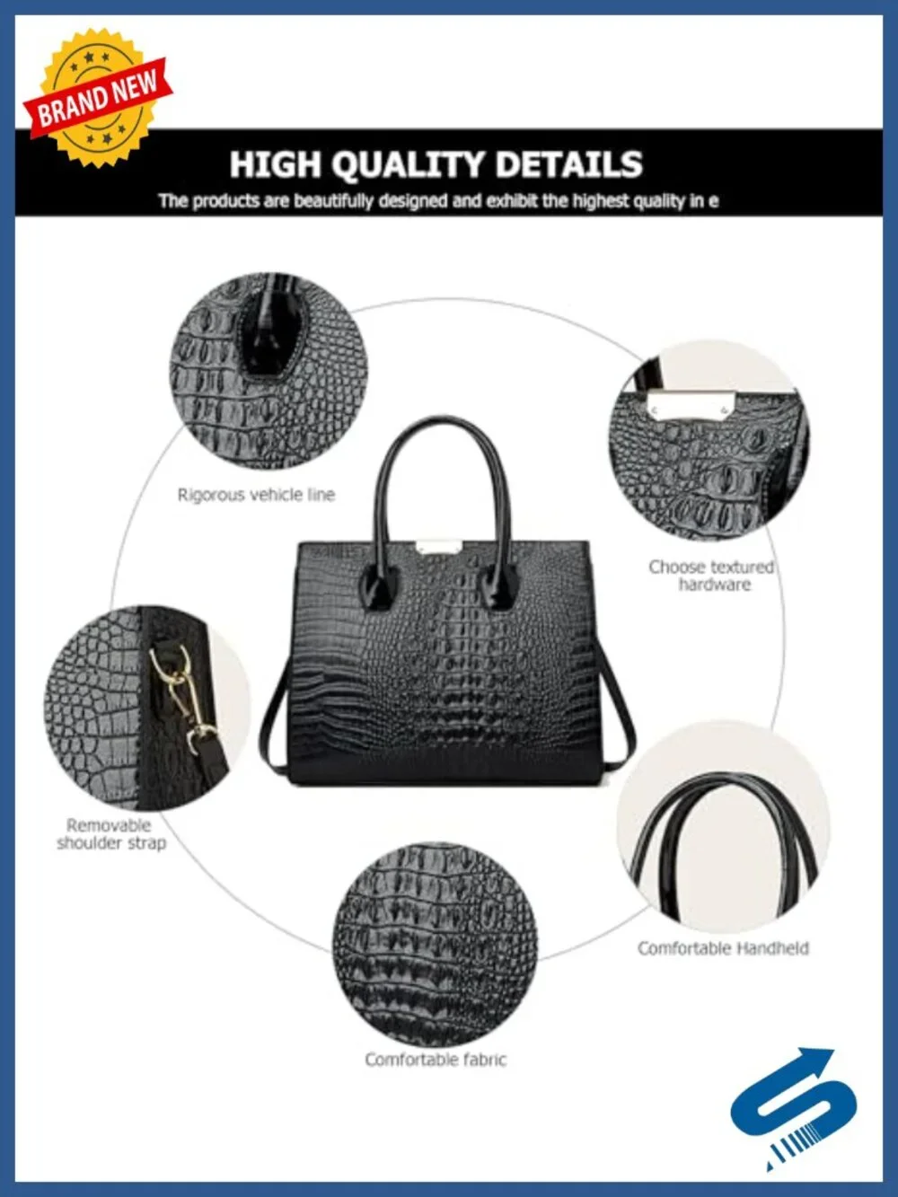 3pc Faux Leather Tote Handbag Set with Wallet and Cardholder, Crocodile Embossed